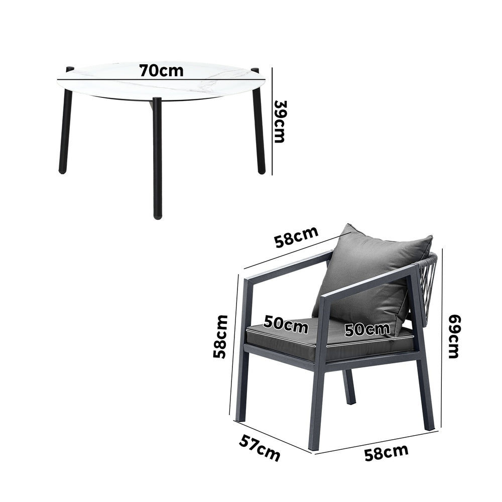 Outdoor Patio Set White/Grey 70cm Coffee Table and Chairs