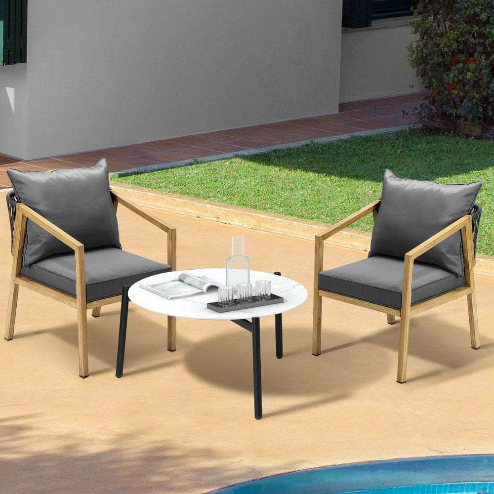 3PCS Outdoor Patio Set 70cm Coffee Table Grey and Natural Chairs