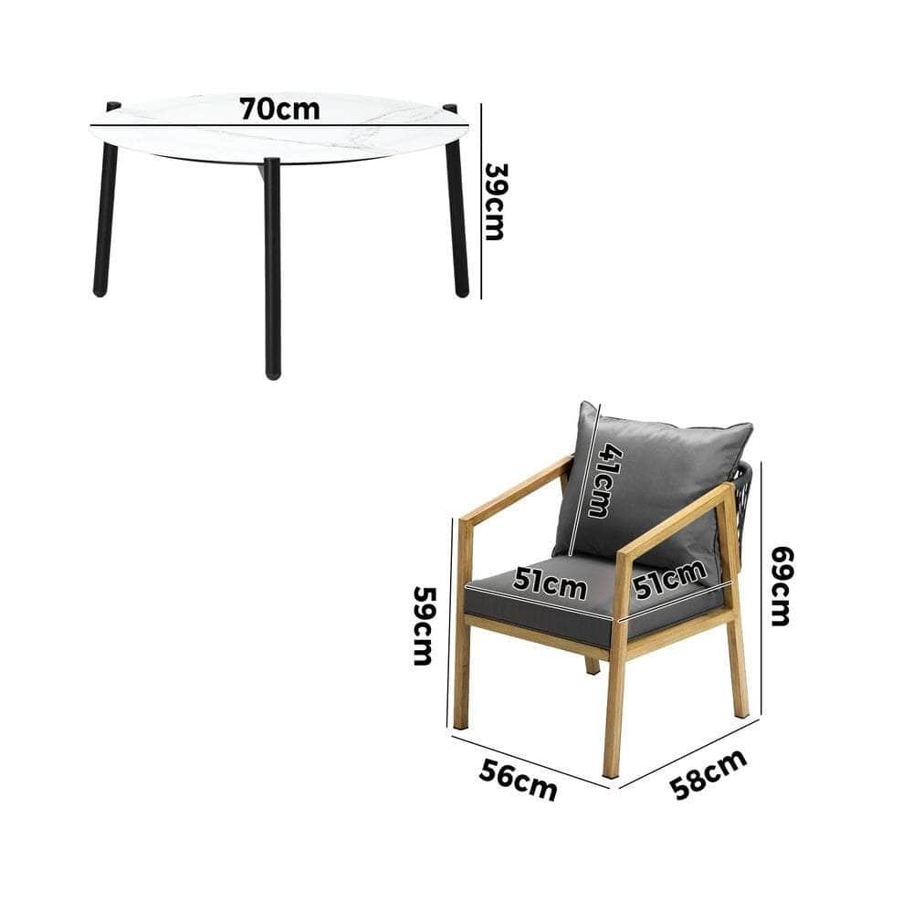 3PCS Outdoor Patio Set 70cm Coffee Table Grey and Natural Chairs