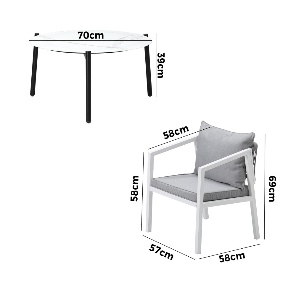 Outdoor Patio Set White/Grey 70cm Coffee Table and Chairs