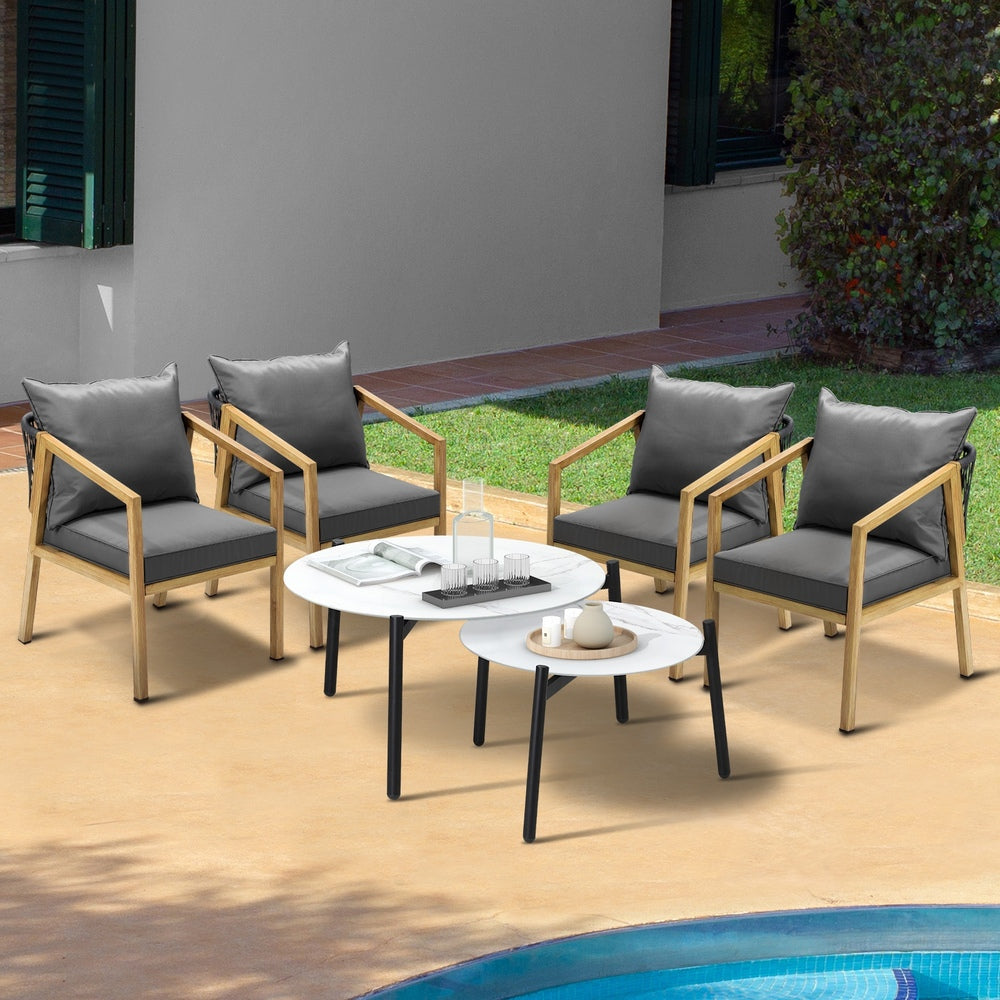 6PCS Outdoor Patio Set White 70cm Coffee Table Set Natural Chairs