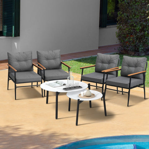 6 Piece Outdoor Patio Set White/Black Table Set Black Armchairs