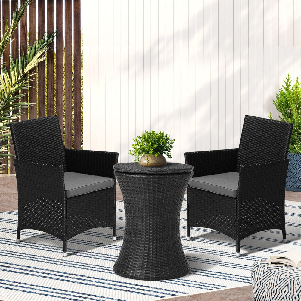 Outdoor Patio Set Ice Bucket Table Black/Brown Bistro Setting 3pcs