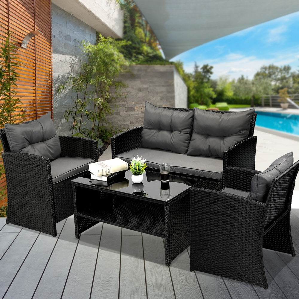 Outdoor Lounge Setting with a 4-Piece Wicker Sofa Chair Table Patio Set-Black\Grey