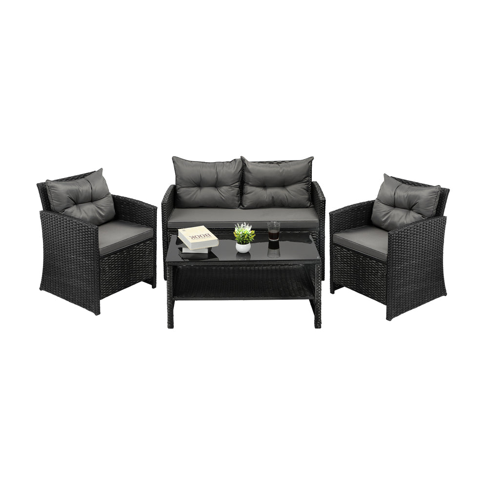 Outdoor Lounge Setting with a 4-Piece Wicker Sofa Chair Table Patio Set-Black\Grey