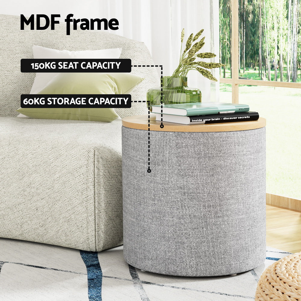 Storage Ottoman Blanket Box 40cm Linen Round Grey