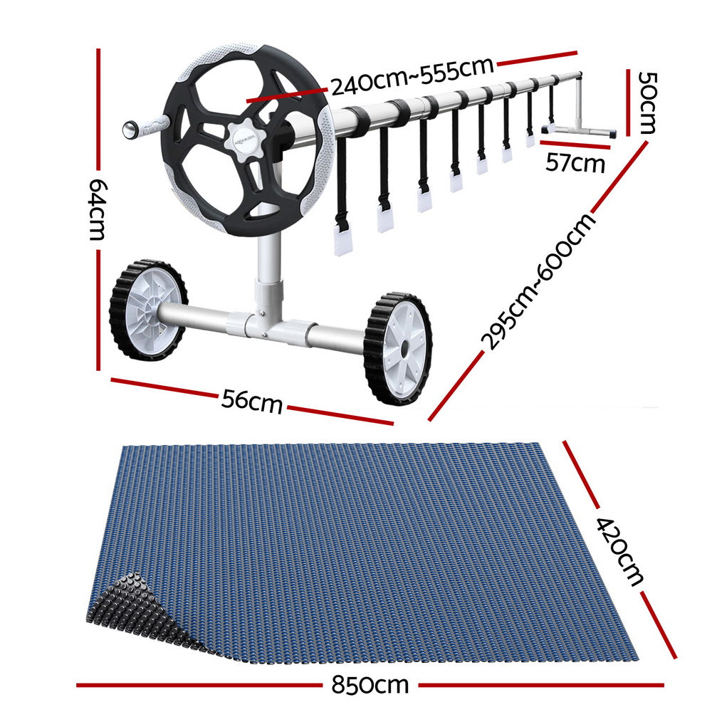 600 Micron Pool Cover w/ Roller 8.5x4.2m Black Solar Blanket