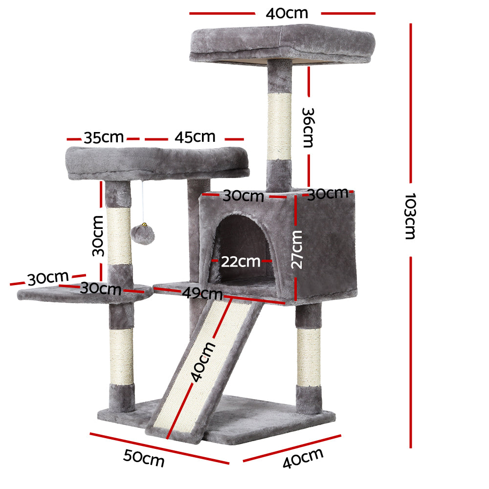 Modern Cat Tree Tower with Scratching Posts - Grey 103cm