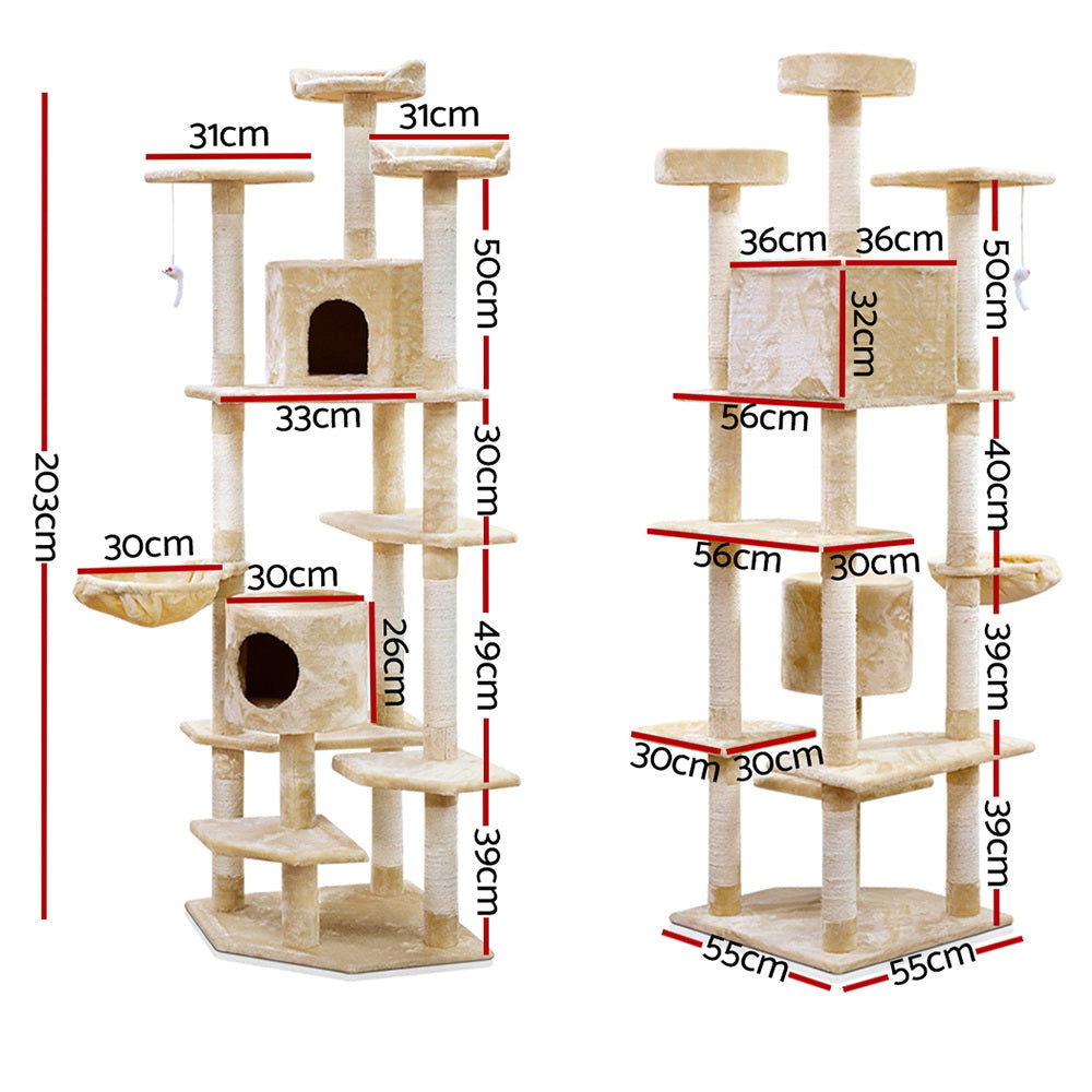 Elegant Cat Tree Tower with Scratching Posts - Beige 203cm