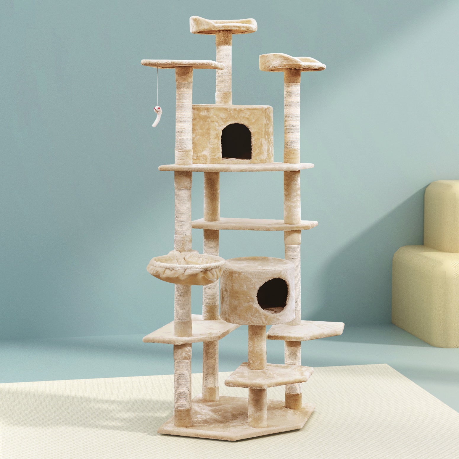 Elegant Cat Tree Tower with Scratching Posts - Beige 203cm