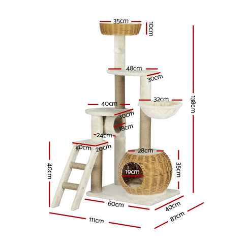 Cat Tree 138Cm Tower Scratching Post Scratcher Wood Bed Condo House Rattan Ladder