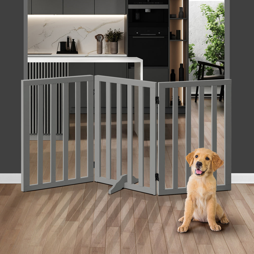 Wooden Pet Gate Dog Fence 3 Panels 80cm Grey