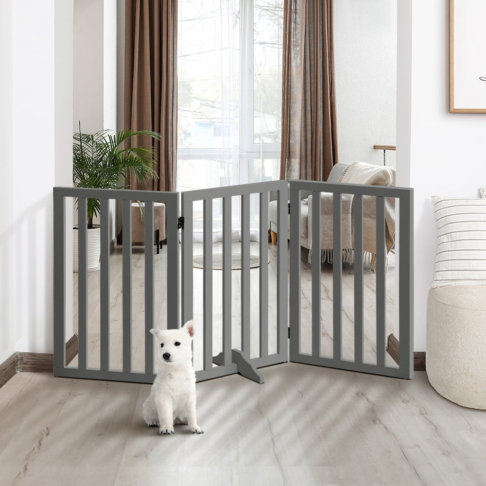 Wooden Pet Gate Dog Fence 3 Panels 80cm Grey