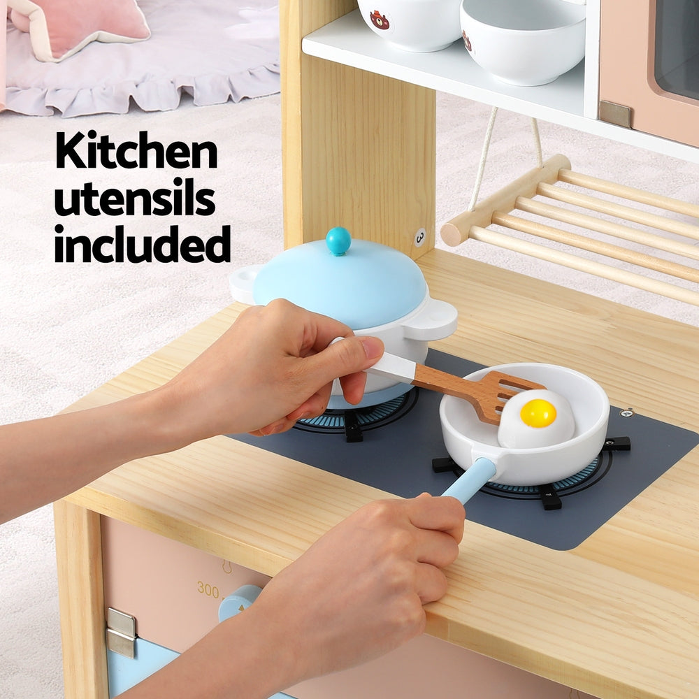 Kids Wooden Play Kitchen Set - Blue Cooking Toys