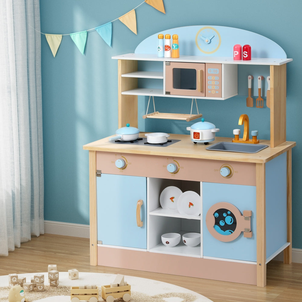 Kids Wooden Play Kitchen Set - Blue Cooking Toys