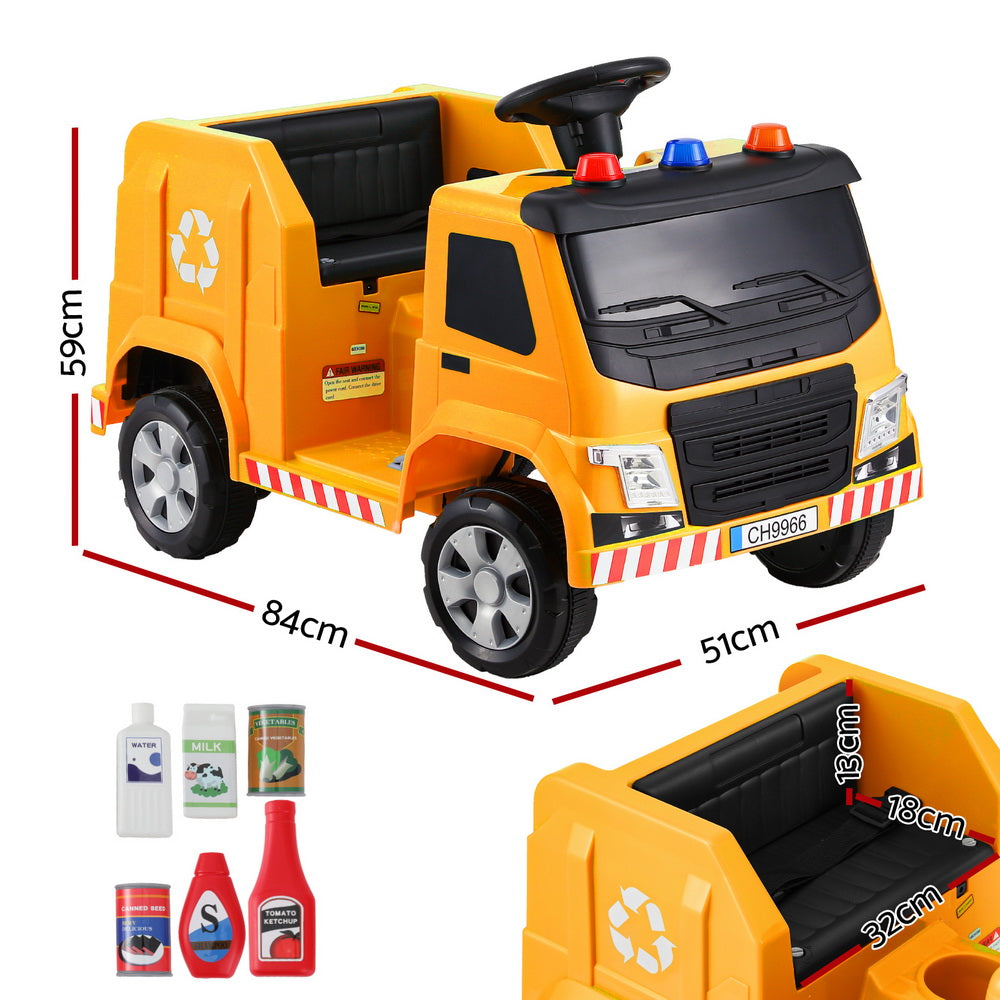 Kids Ride-On Garbage Truck with Police Lights 12V Yellow