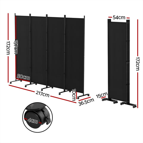 4 Panel Room Divider Screen Wheel Fabric Black