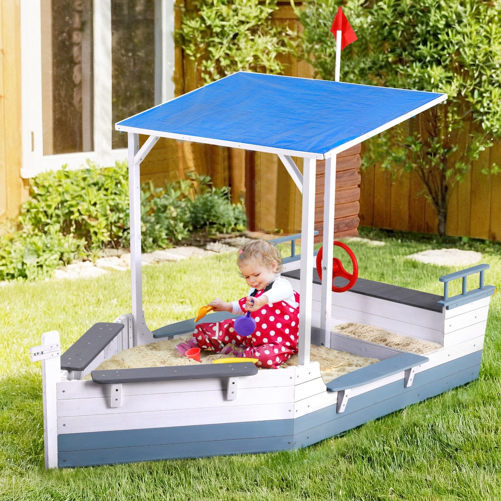 Kids Wooden Sandpit Boat Canopy Outdoor Toys