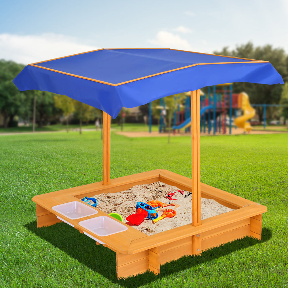 Kids Sandpit Wooden Sandbox Sand Pit with Canopy Water Basin Toys 103cm