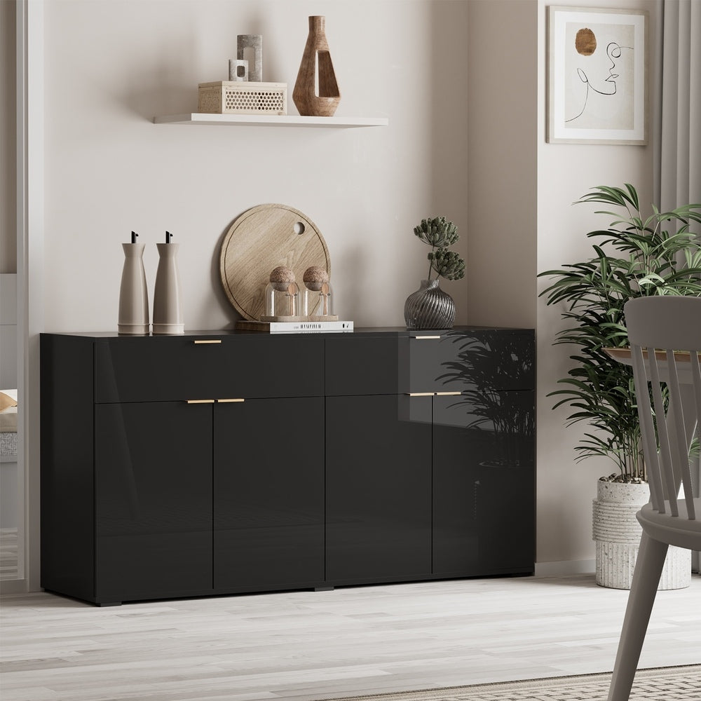 Sideboard High Gloss 4 Doors 2 Drawers Black