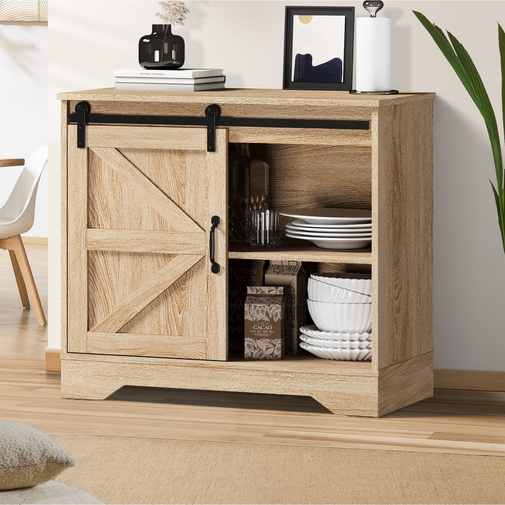 Buffet Sideboard Cabinet Pantry Storage Cupboard Sliding Door Natural/White