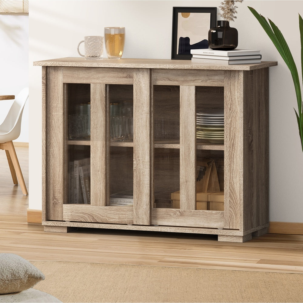 Sideboard Buffet Glass Sliding Door Natural/White