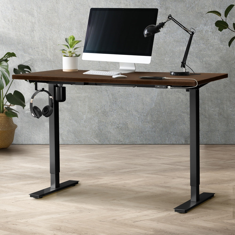 Electric Standing Desk Single Motor Height Adjustable Sit Stand Table Black and Walnut 150cm