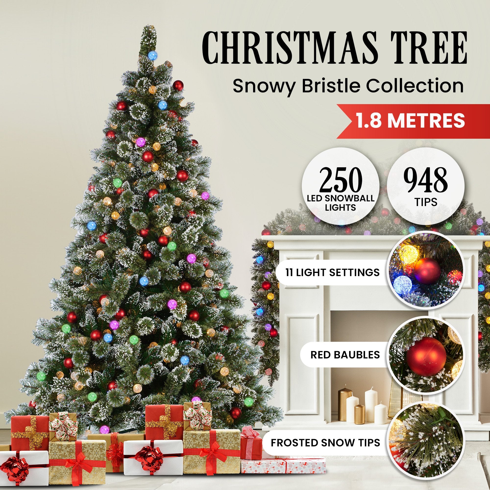 Snowy Bristle 1.8m Multicolour Pre-Lit Christmas Tree with 948 Tips