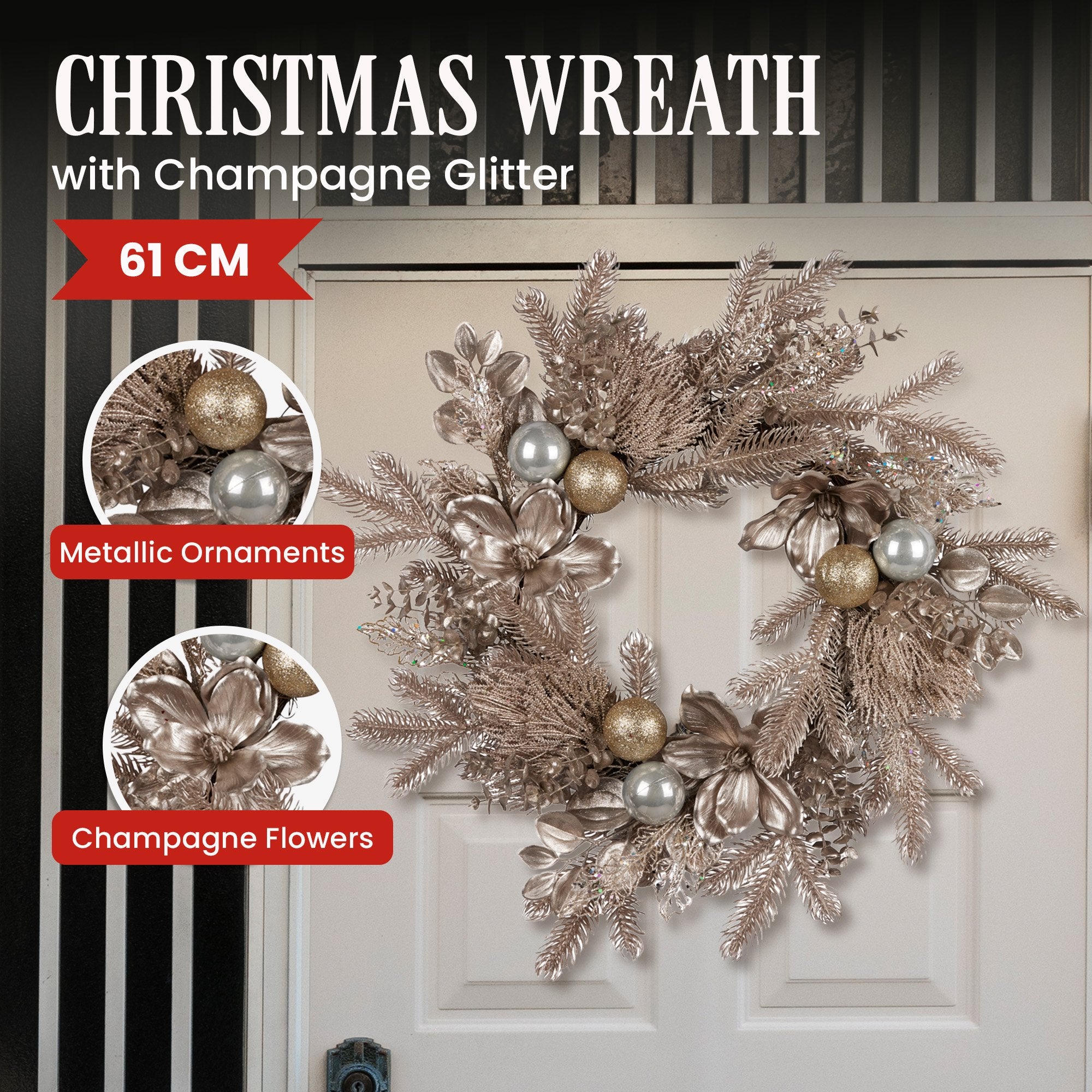 Champagne Glitter Christmas Wreath - 61cm