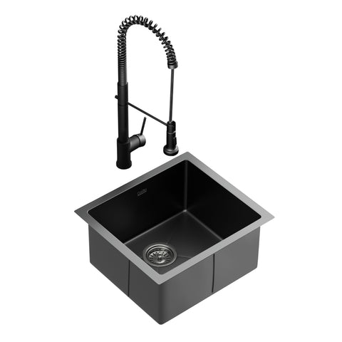 Sleek Black Stainless Steel Sink with Pull-Out Mixer Tap - 51x45CM