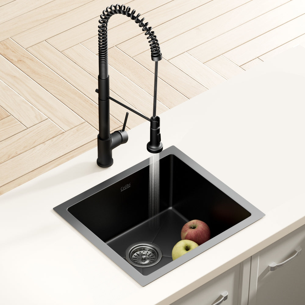 Sleek Black Stainless Steel Sink with Pull-Out Mixer Tap - 51x45CM