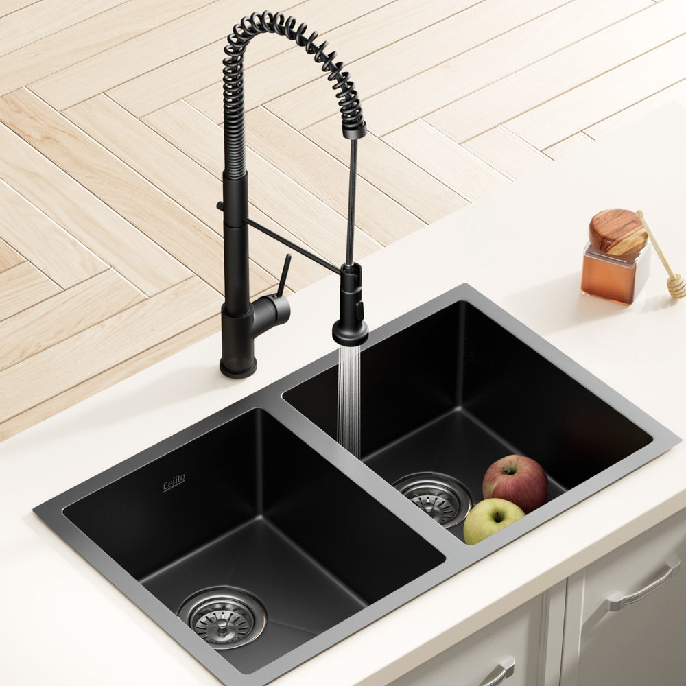 Modern Double Bowl Black Stainless Steel Sink - 77x45CM