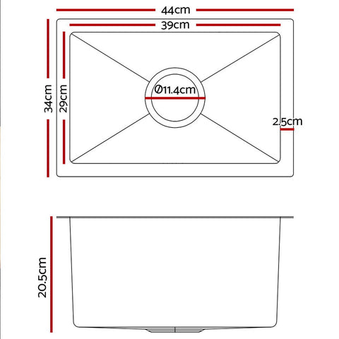 Kitchen Sink 44X34Cm Stainless Steel Nano Basin Single Bowl Silver