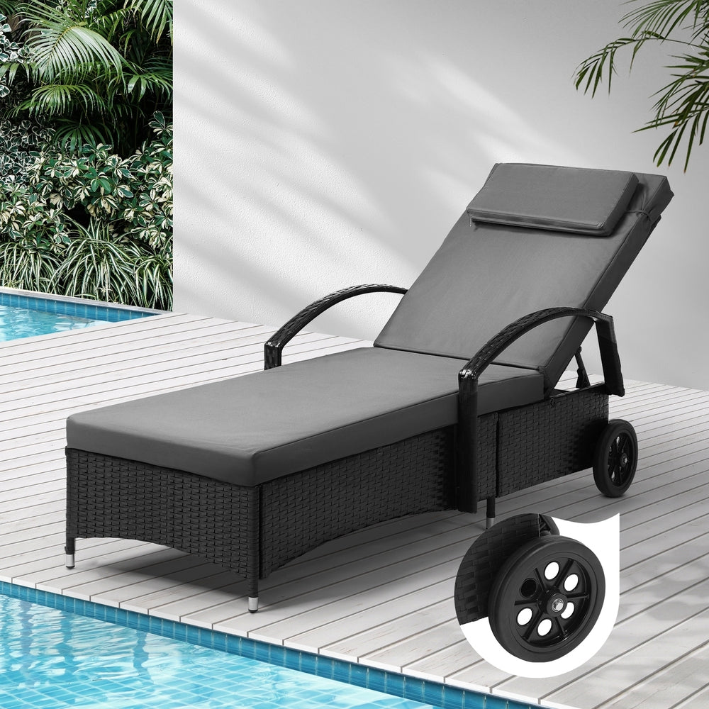 Wheeled Sun Lounger Day Bed Outdoor Setting Patio Furniture Black