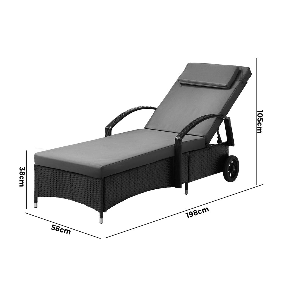 Wheeled Sun Lounger Day Bed Outdoor Setting Patio Furniture Black