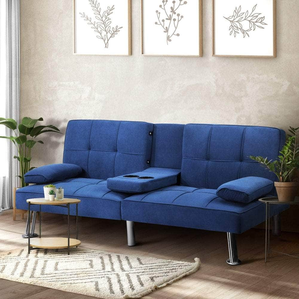 Sofa Bed 3 Seater with Cup Holder Velvet Blue