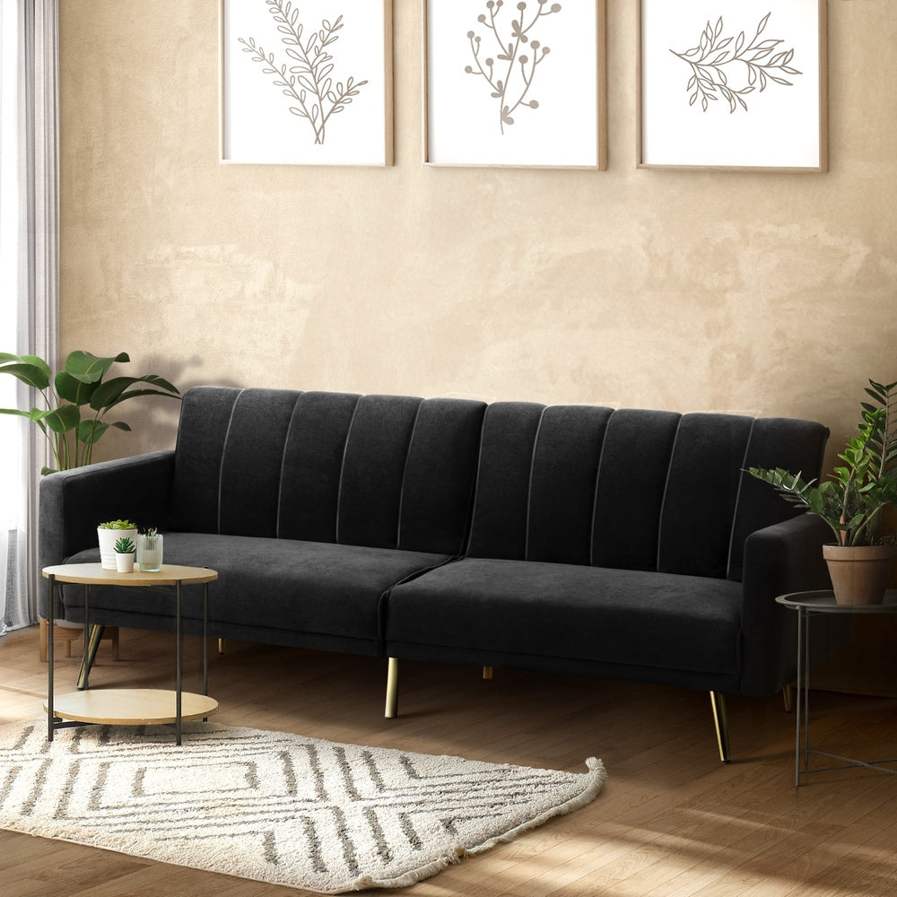 3-Seater Sofa Bed Velvet Black/Blue