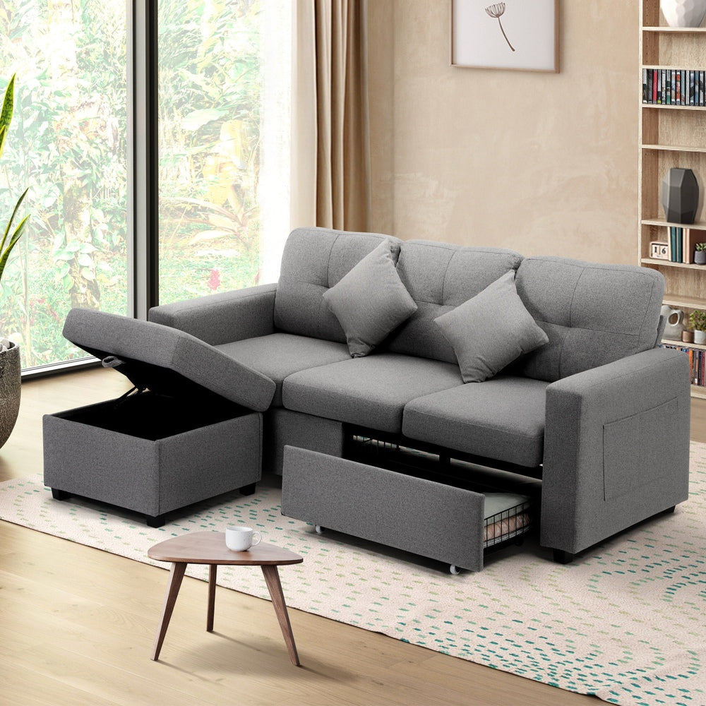 Sofa 3 Seater Chaise Modular Couch Drawers Ottoman Fabric