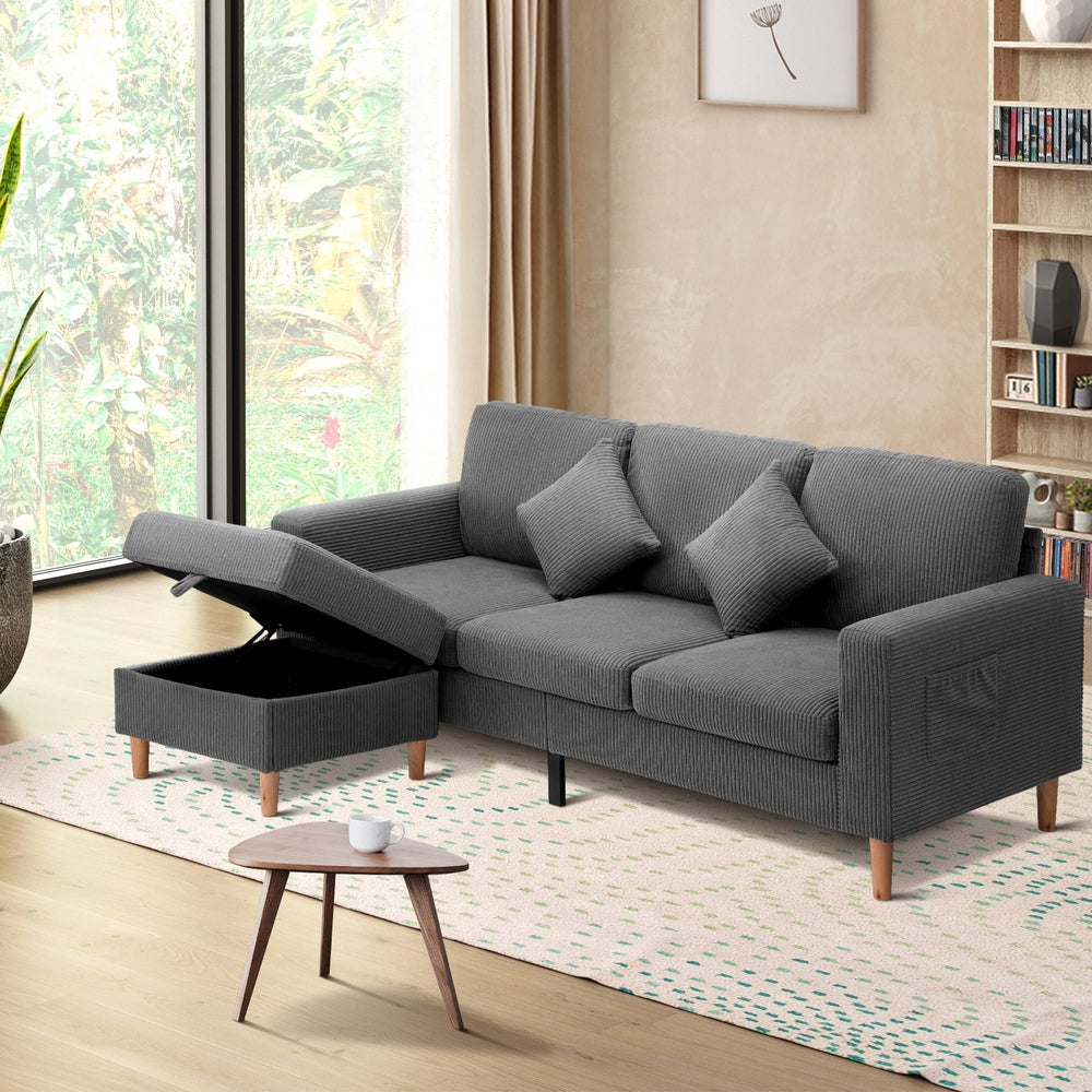 3 Seater Sofa with Ottoman Velvet Grey