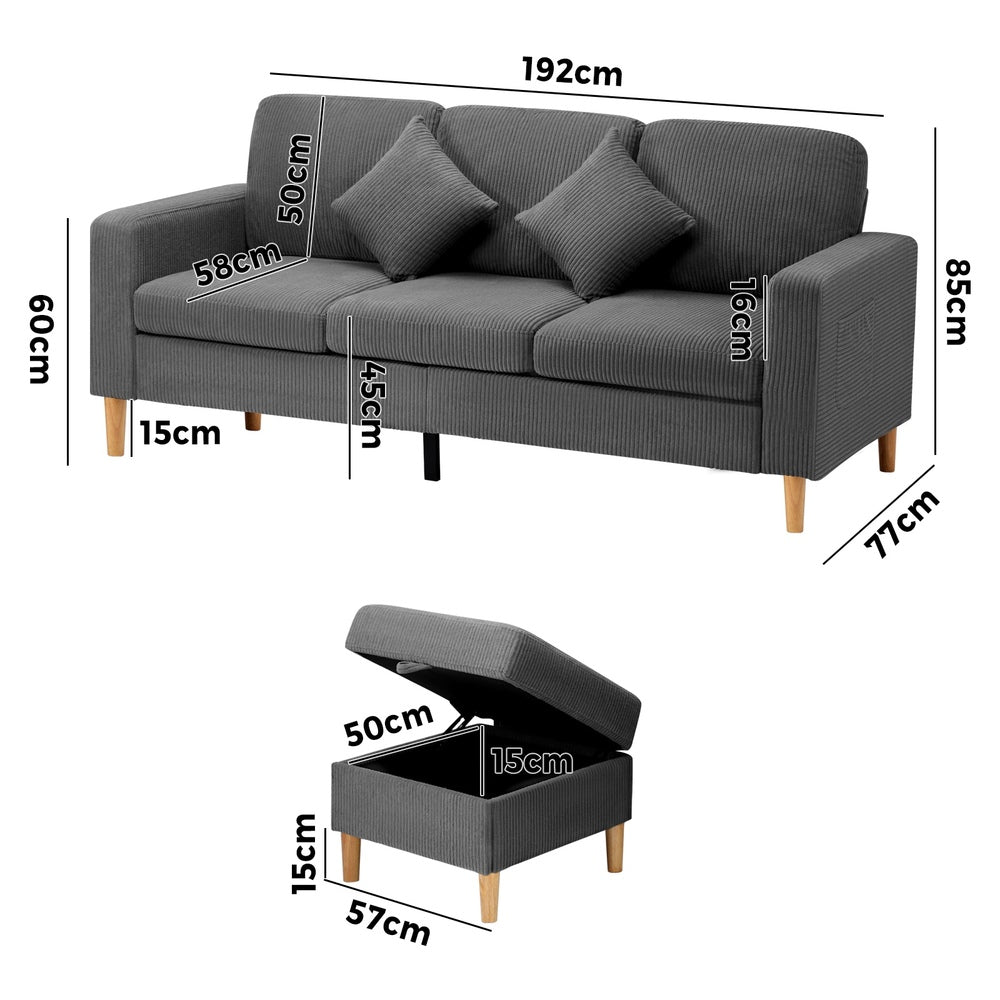 3 Seater Sofa with Ottoman Velvet Grey