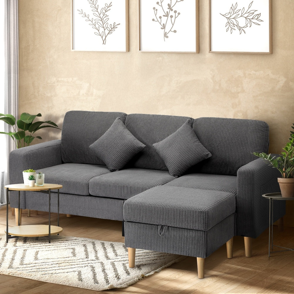 3 Seater Sofa with Ottoman Velvet Grey