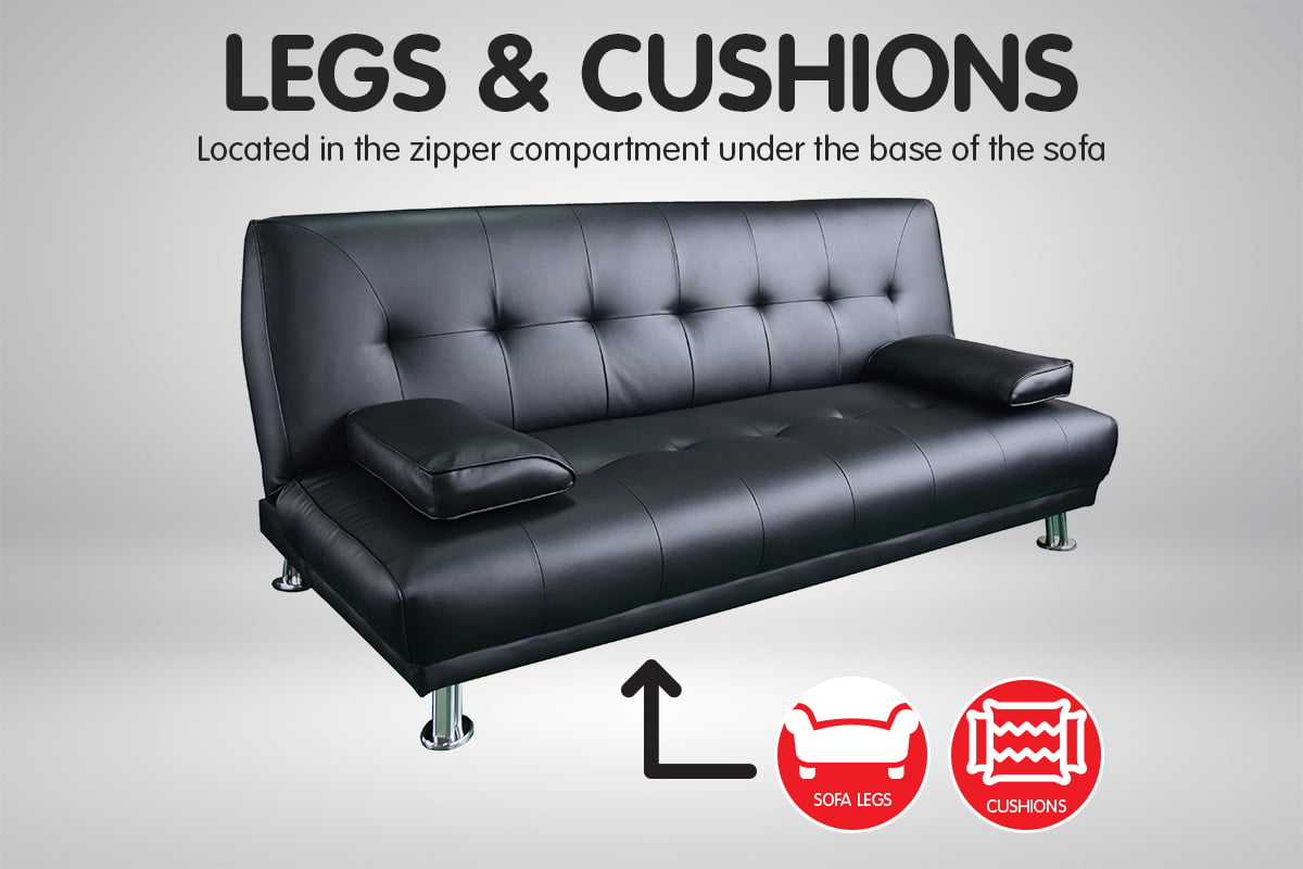 3 Seater Leather Sofa Bed Couch Lounge Futon - Black