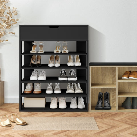 Shoes Storage Rack 5-tier Shelves with Drawer Black/Natural/White