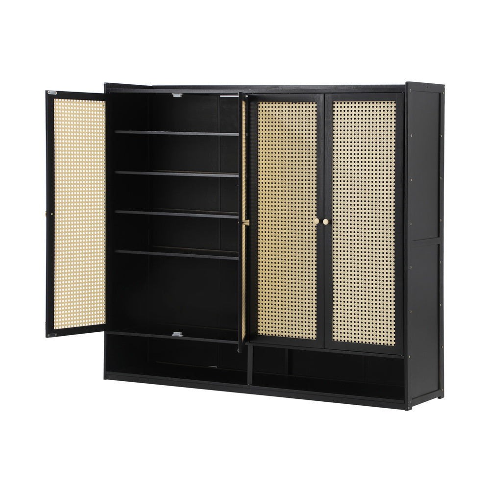 Shoe Storage Cabinet 4 Doors Rattan Black