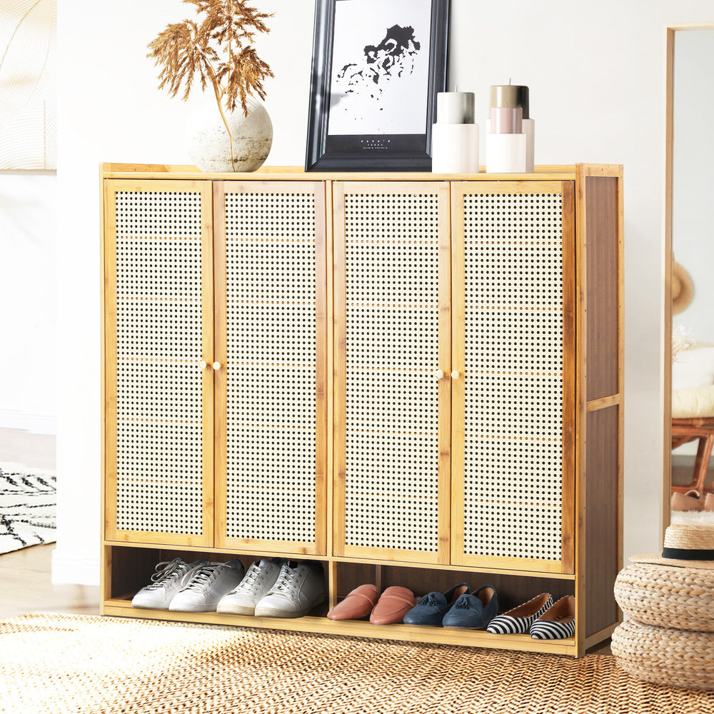 Shoe Storage Cabinet 4 Doors Rattan Black