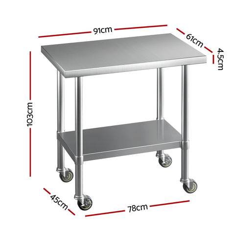 Stainless Steel Kitchen Benches Work Bench Wheels 91X61Cm 430