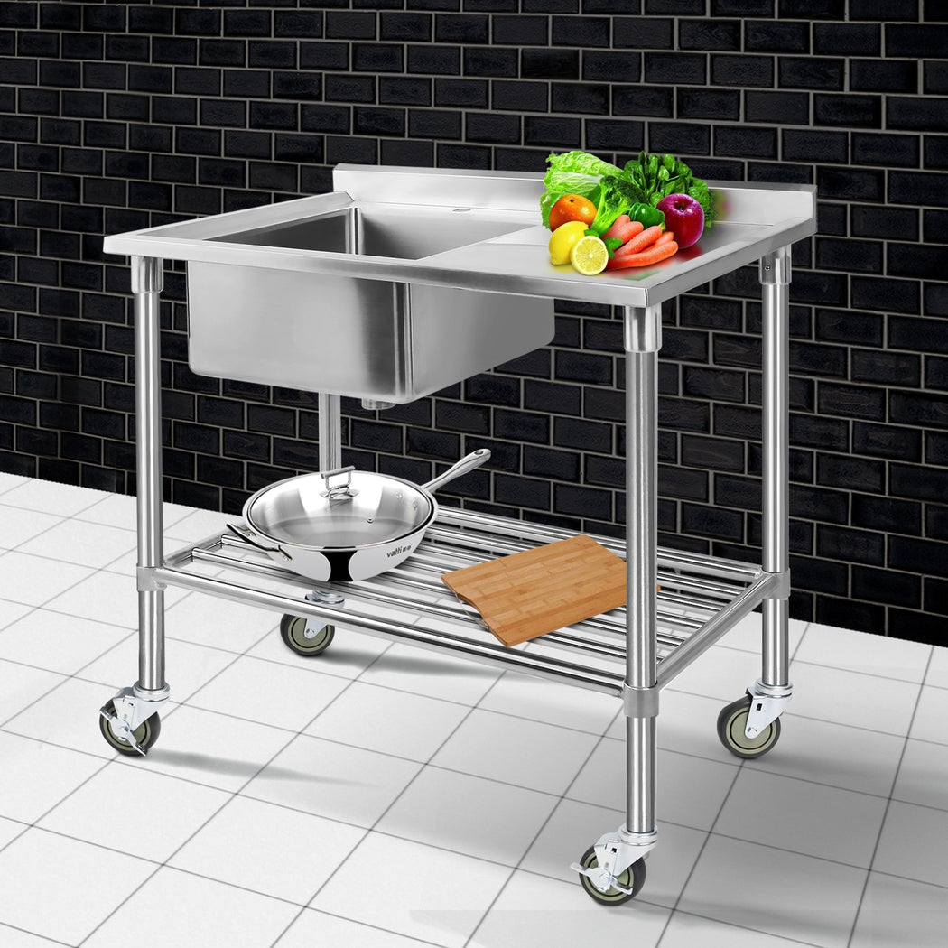 Stainless Steel Sink Bench Kitchen Work Benches Bowl Wheels 304