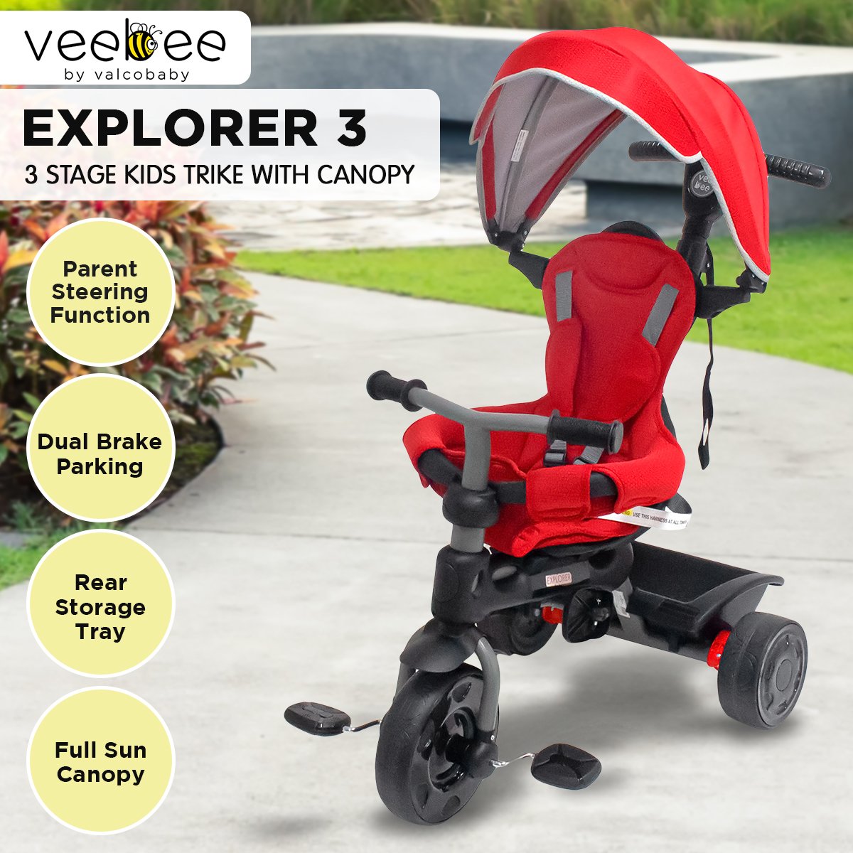 Explorer 3-Stage Kids Trike with Canopy - Red