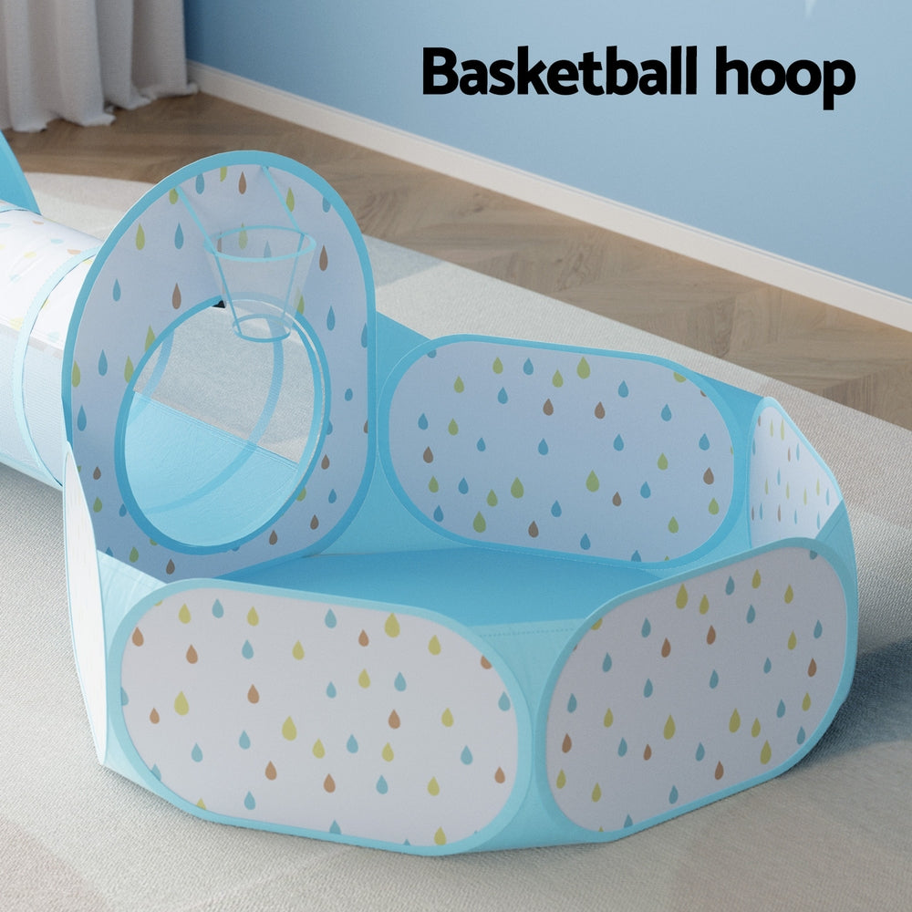 Kids Play Tent Pop Up Playhouse Ball Pit Tunnel Basketball Hoop Blue