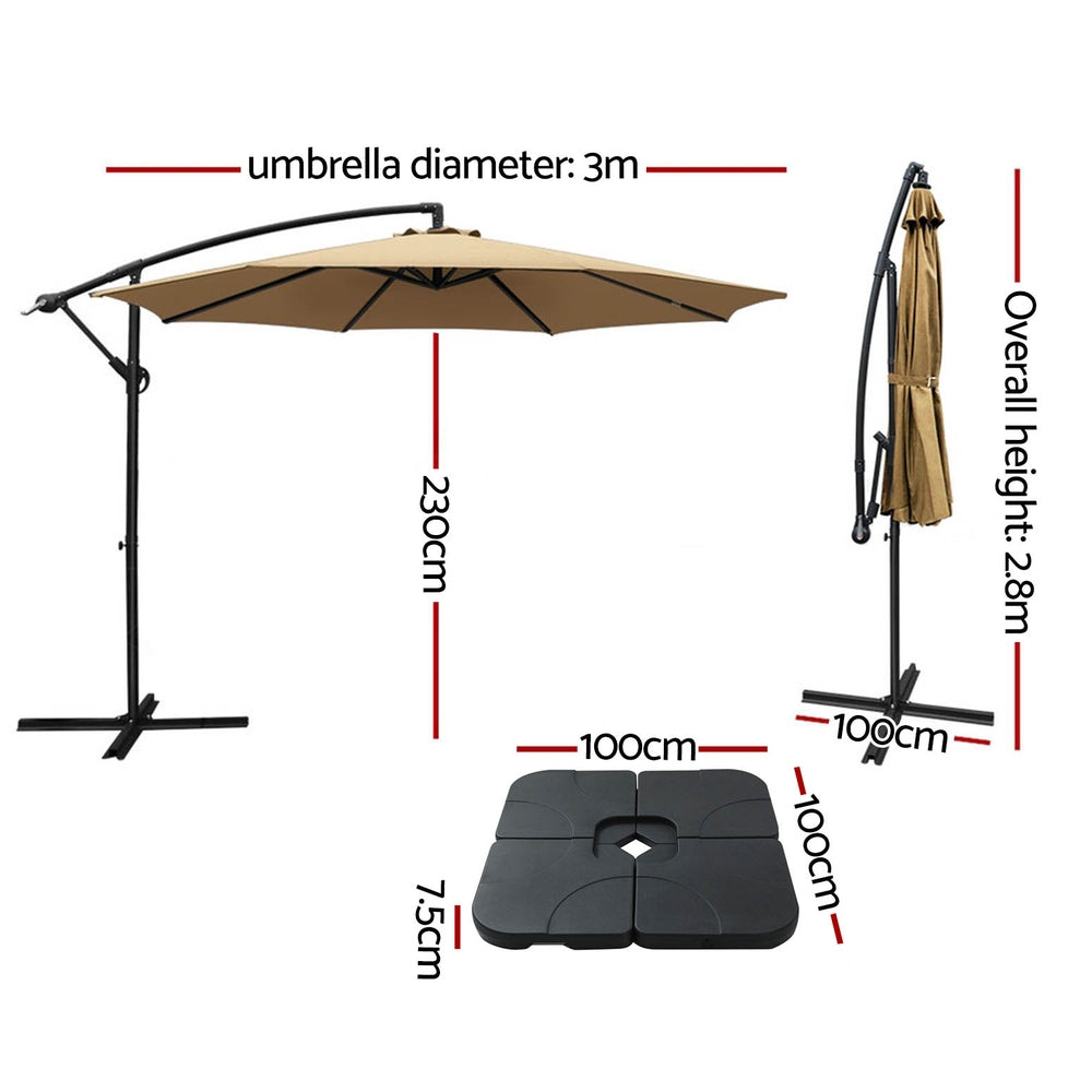 3M Umbrella W/Base Outdoor Cantilever Beach Garden Patio Parasol Black